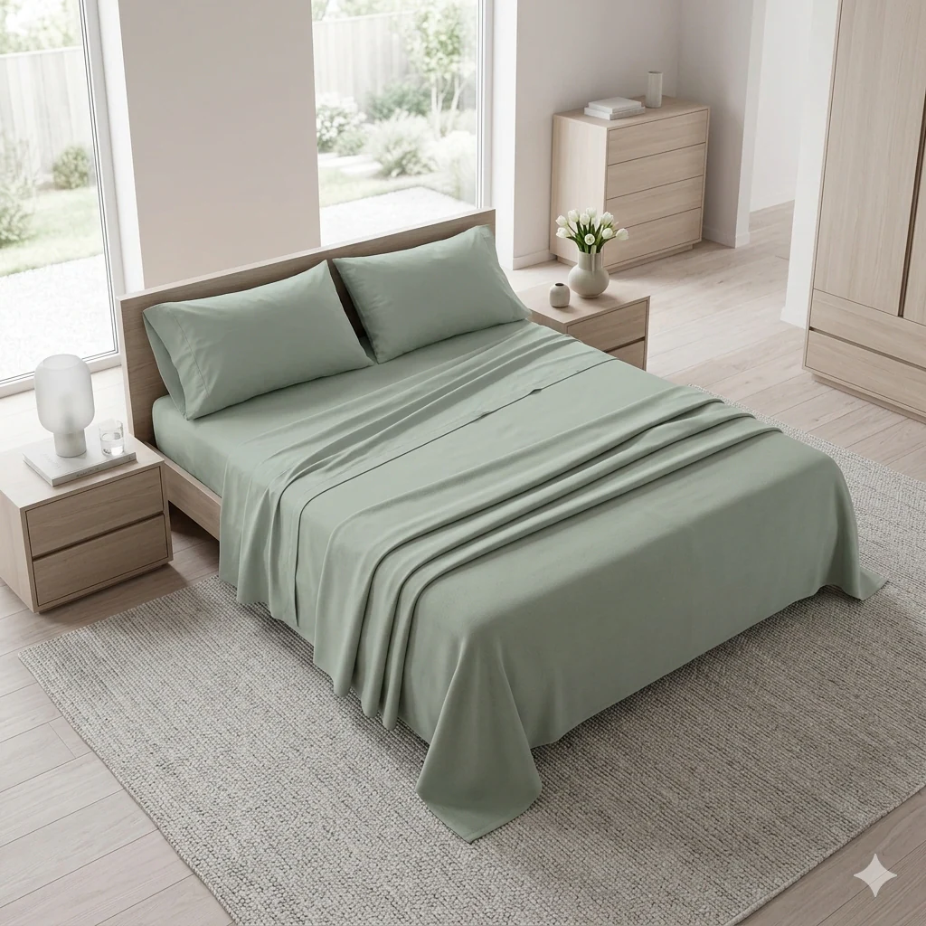 Completo Letto Matrimoniale in Cotone Atelier Fragrance Tinta Unita Sage Green