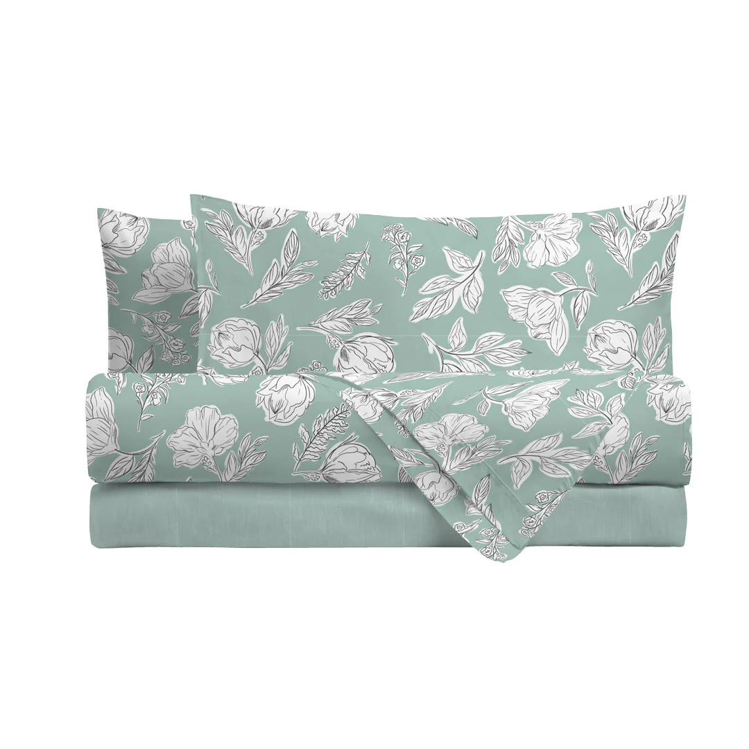 Completo Letto Matrimoniale in Cotone con Stampa - Fantasia Blossom Aqua - Image 2