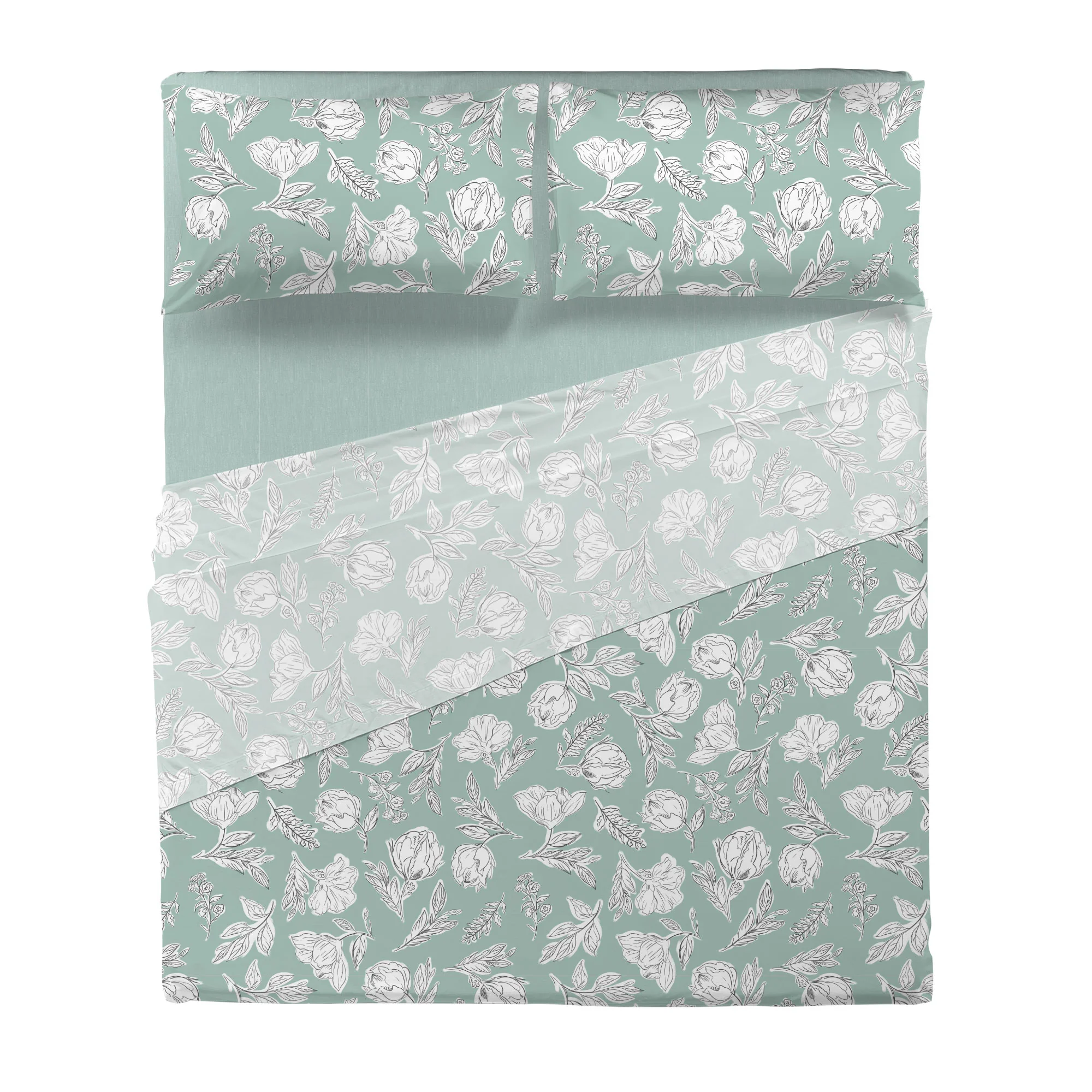 Completo Letto Matrimoniale in Cotone con Stampa - Fantasia Blossom Aqua - Image 3
