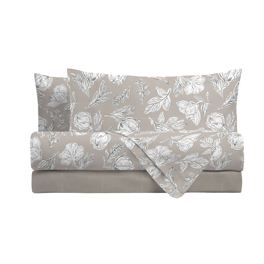 Completo Letto Matrimoniale in Cotone con Stampa - Fantasia Blossom Taupe - Image 2