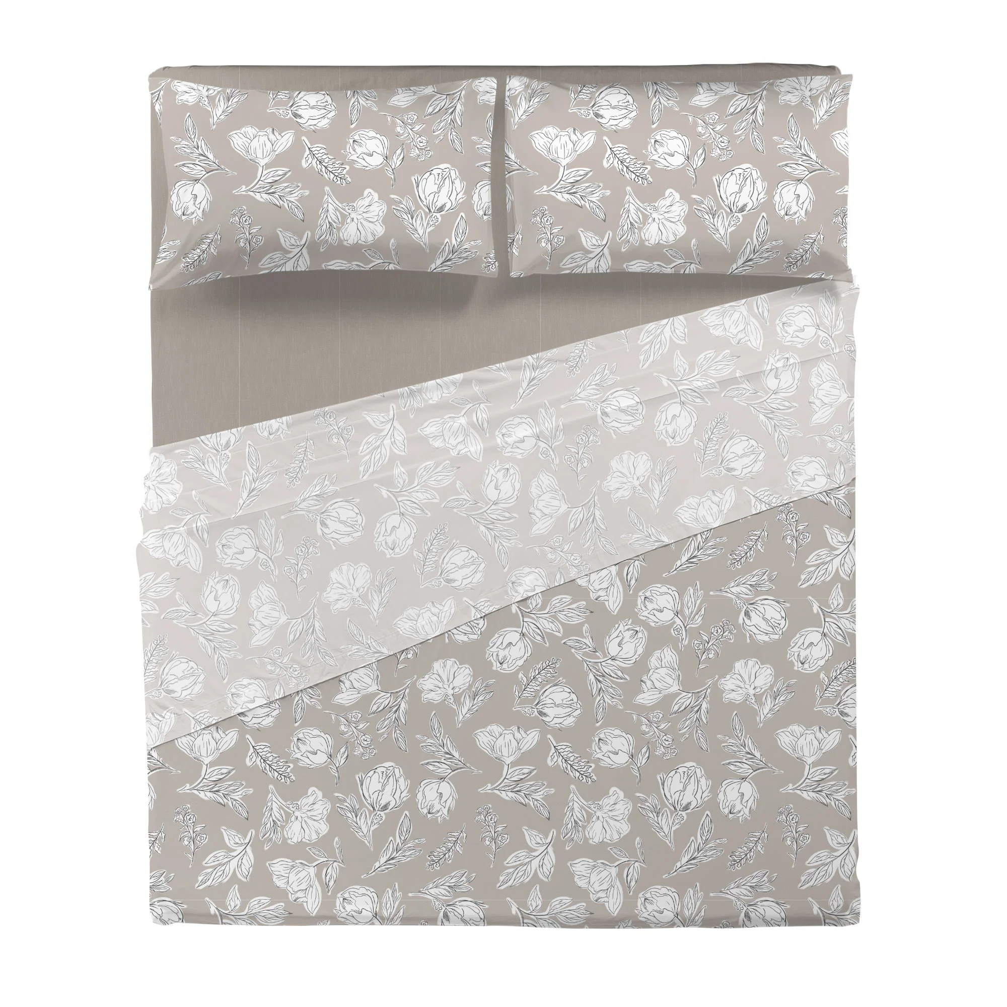 Completo Letto Matrimoniale in Cotone con Stampa - Fantasia Blossom Taupe - Image 3