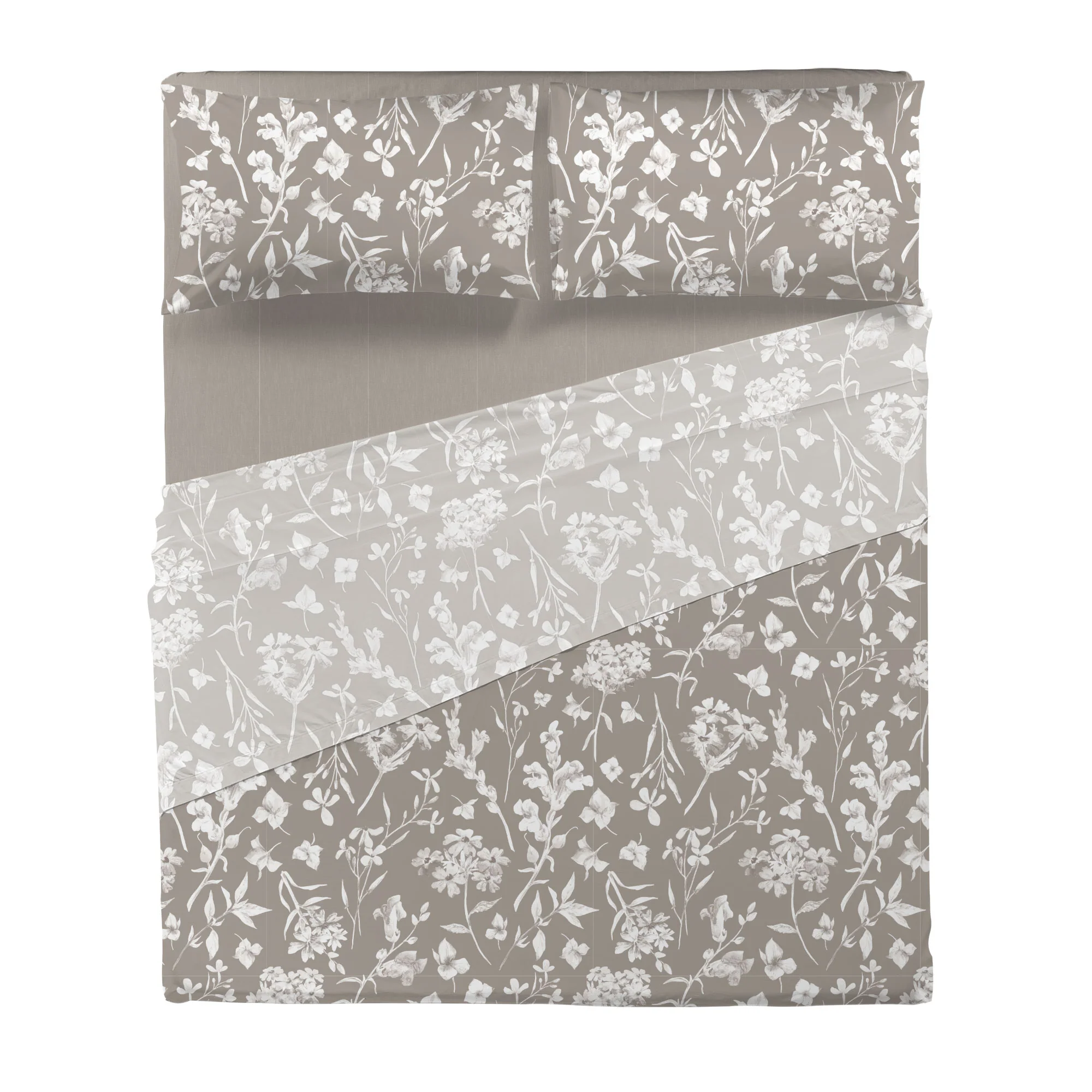 Completo Letto Matrimoniale in Cotone con Stampa - Fantasia Fedora Taupe - Image 3