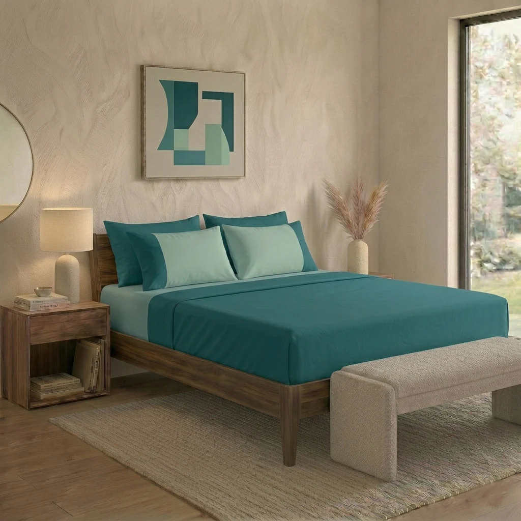 Happidea Completo Letto Matrimoniale in Cotone Bicolore Pavone/Laguna - Image 3