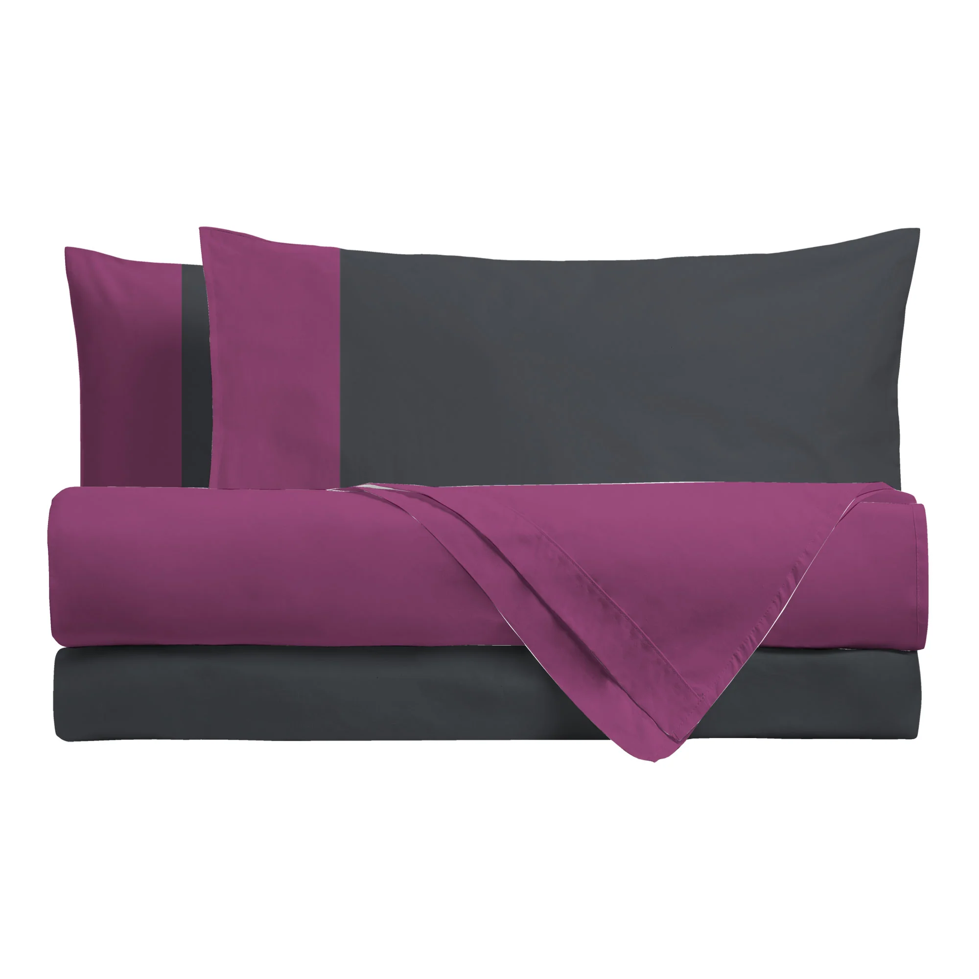 Happidea Completo Letto Singolo in Cotone Bicolore Ciclamino/Grafite