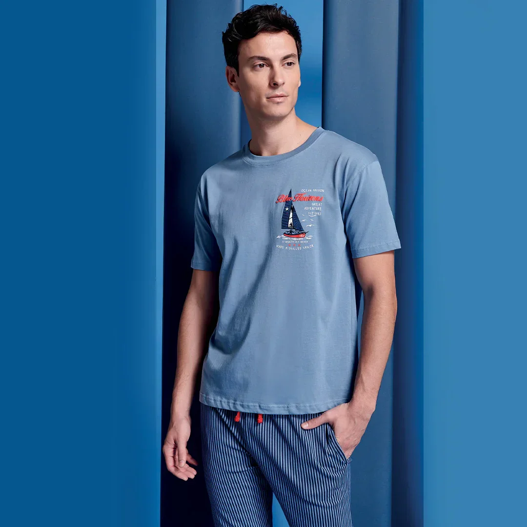 Pigiama Lungo da Uomo Ocean Drive David Light Blu - Image 2