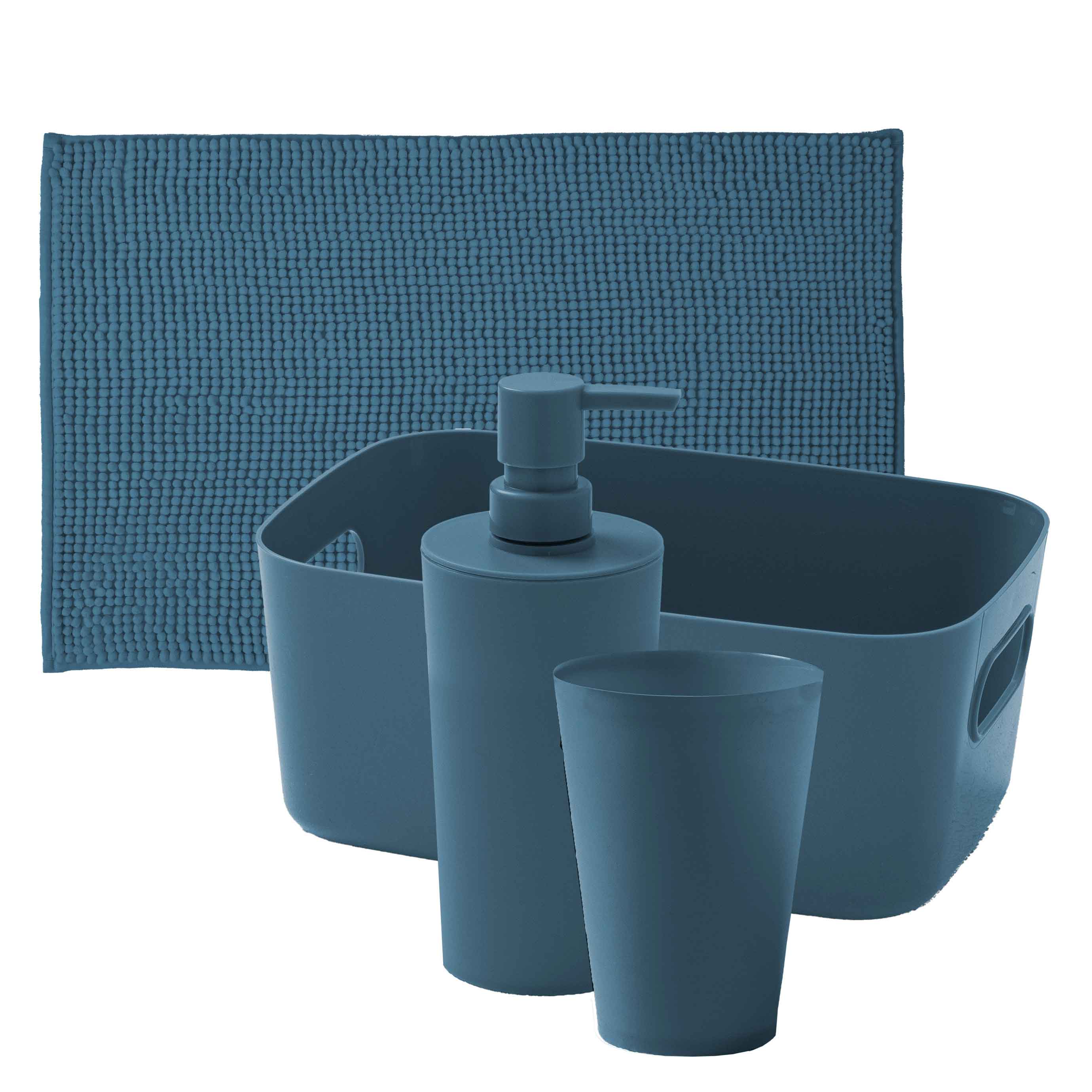 Set 4 Pezzi: Cestino, Tappeto Bagno, Dispenser e Portaspazzolini Zen Standard Tinta Unita Blue