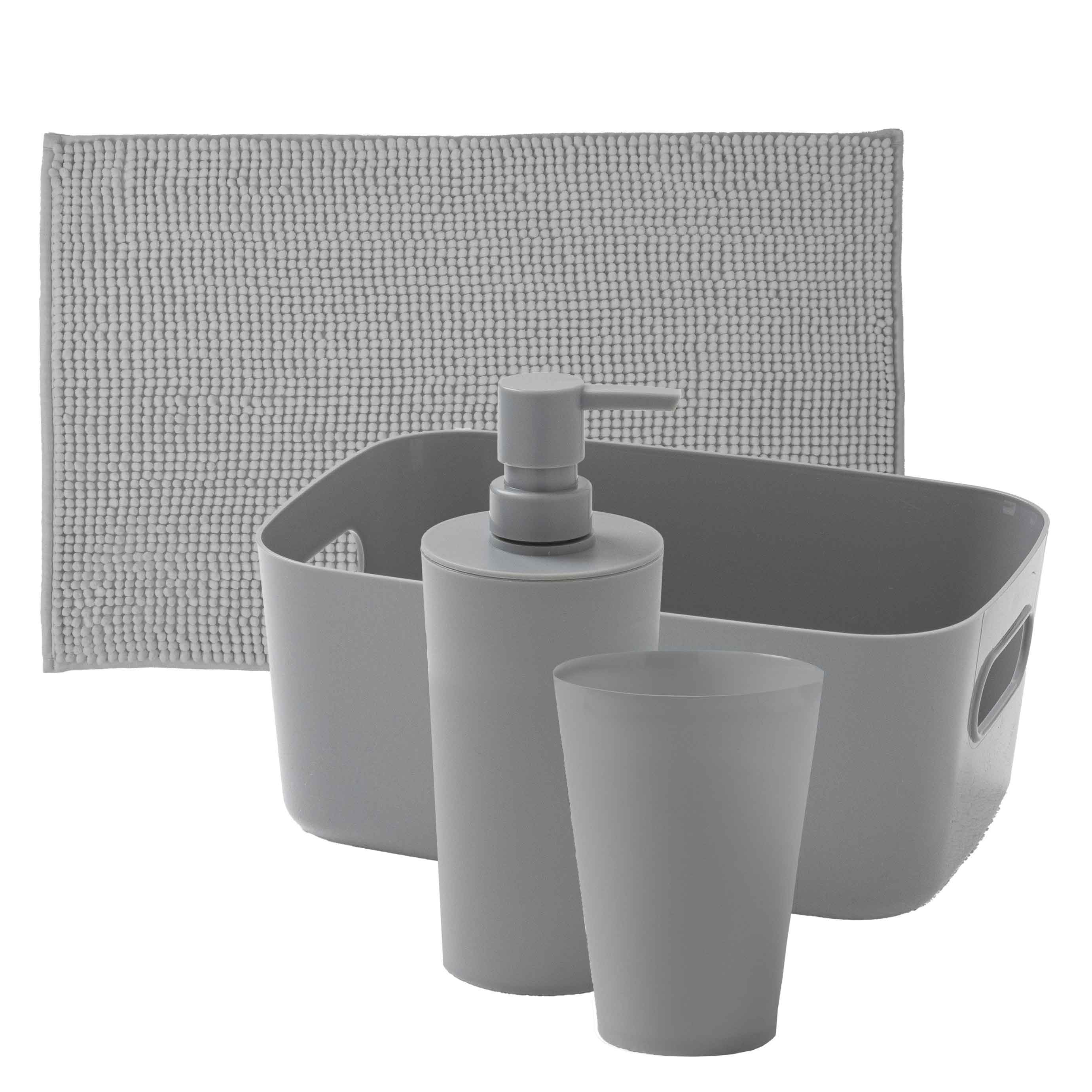 Set 4 Pezzi: Cestino, Tappeto Bagno, Dispenser e Portaspazzolini Zen Standard Tinta Unita Grey
