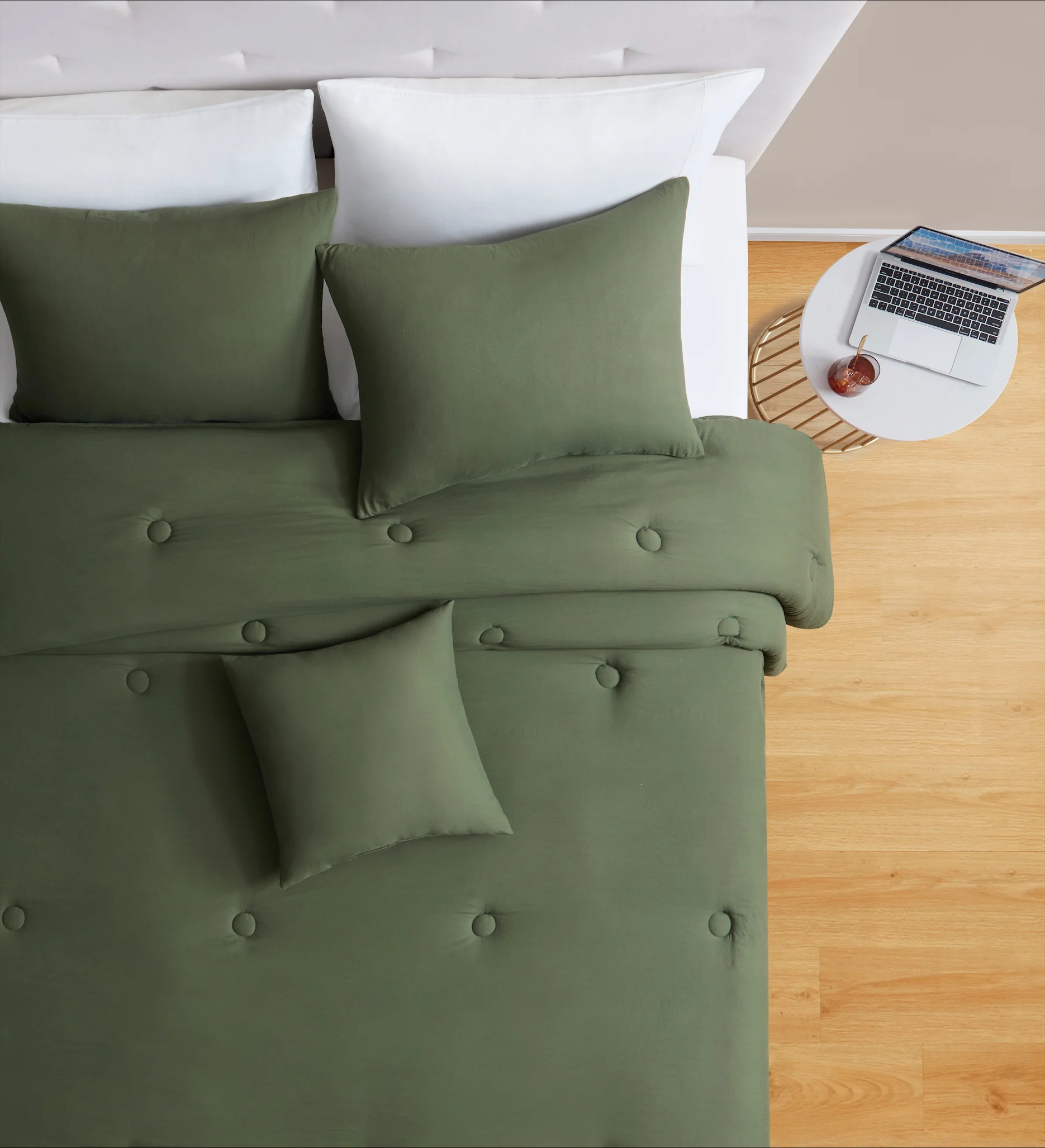 Set 4 Pezzi Letto Trapunta Matrimoniale Cuscino Federe Atelier Tinta Unita Olive - Image 2