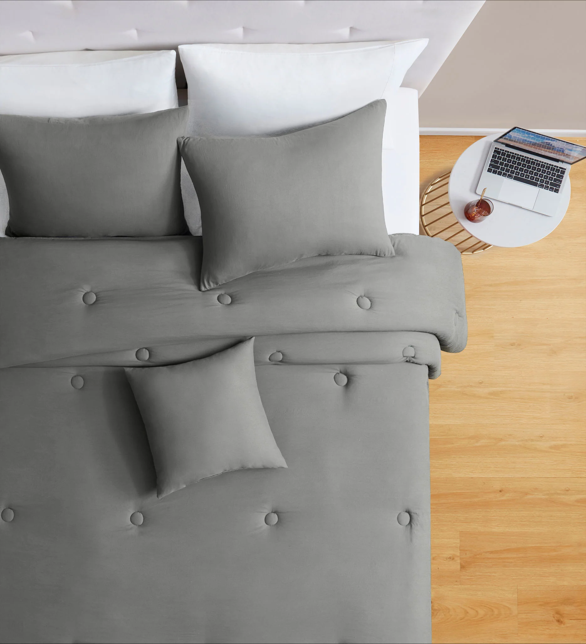 Set 4 Pezzi Letto Trapunta Matrimoniale Cuscino Federe Atelier Tinta Unita Pearl - Image 2