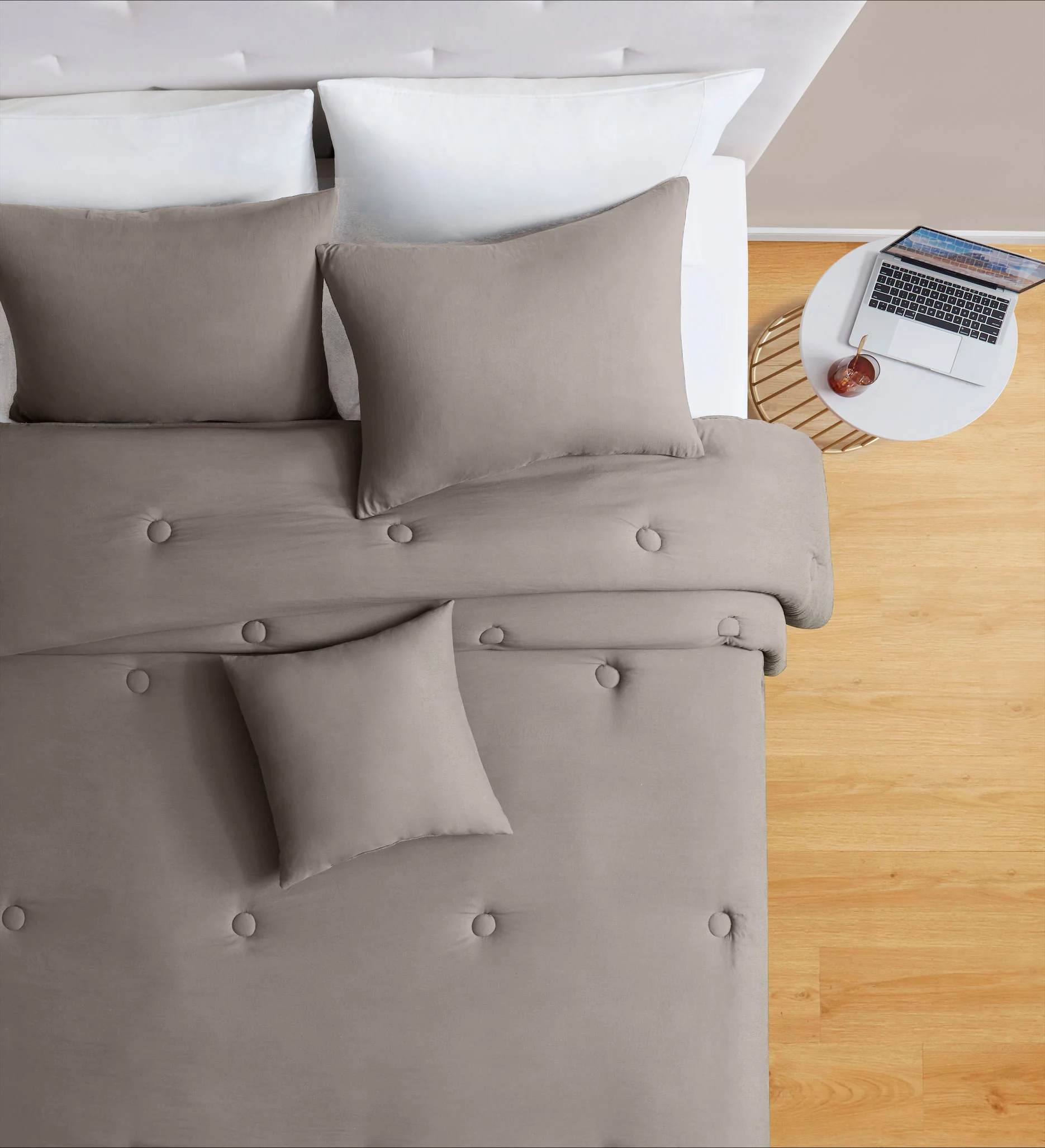 Set 4 Pezzi Letto Trapunta Matrimoniale Cuscino Federe Atelier Tinta Unita Taupe - Image 2