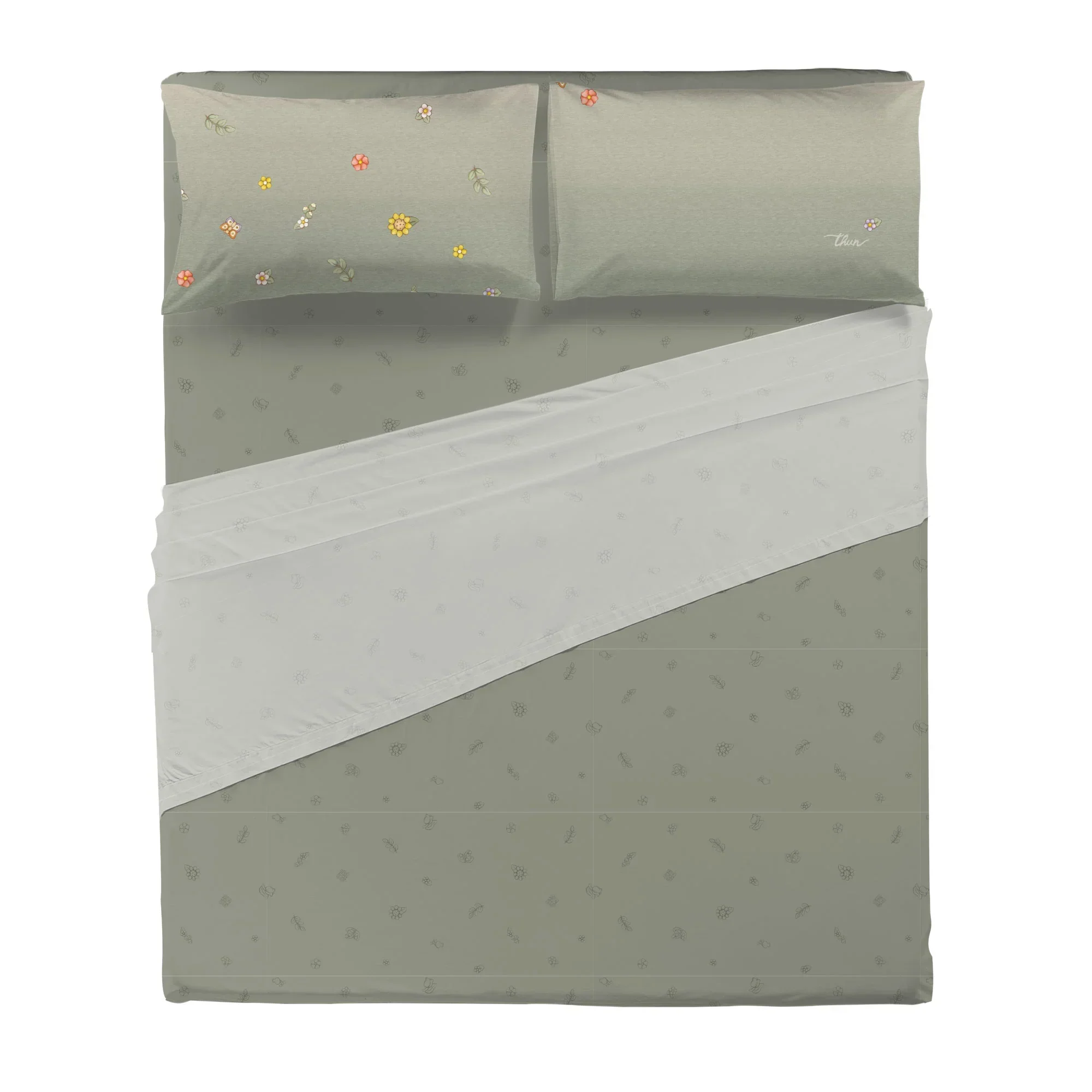 THUN® Completo Letto Matrimoniale in Cotone Country Flowers Sage Green - Image 2
