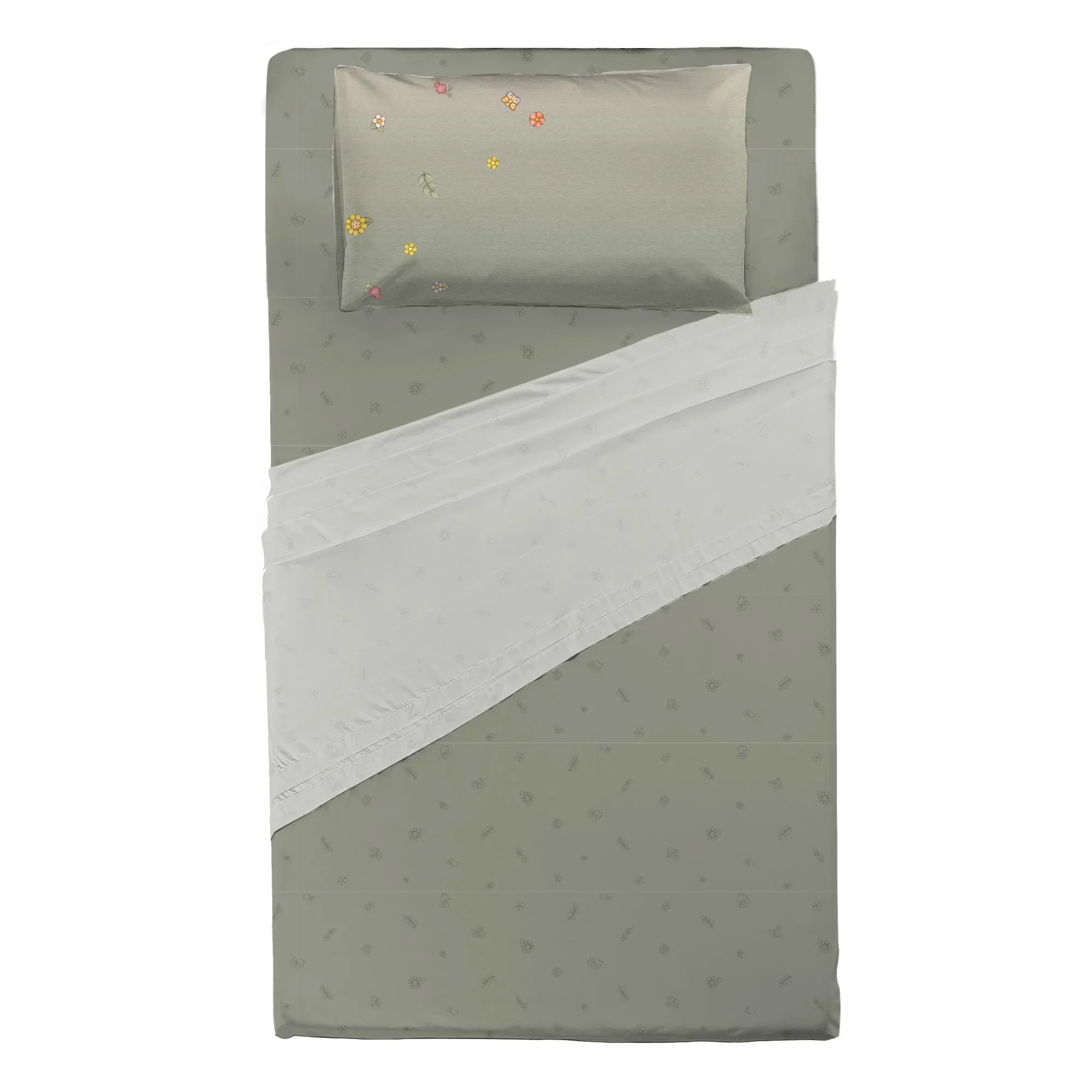 THUN® Completo Letto Piazza e Mezza in Cotone Country Flowers Sage Green - Image 2