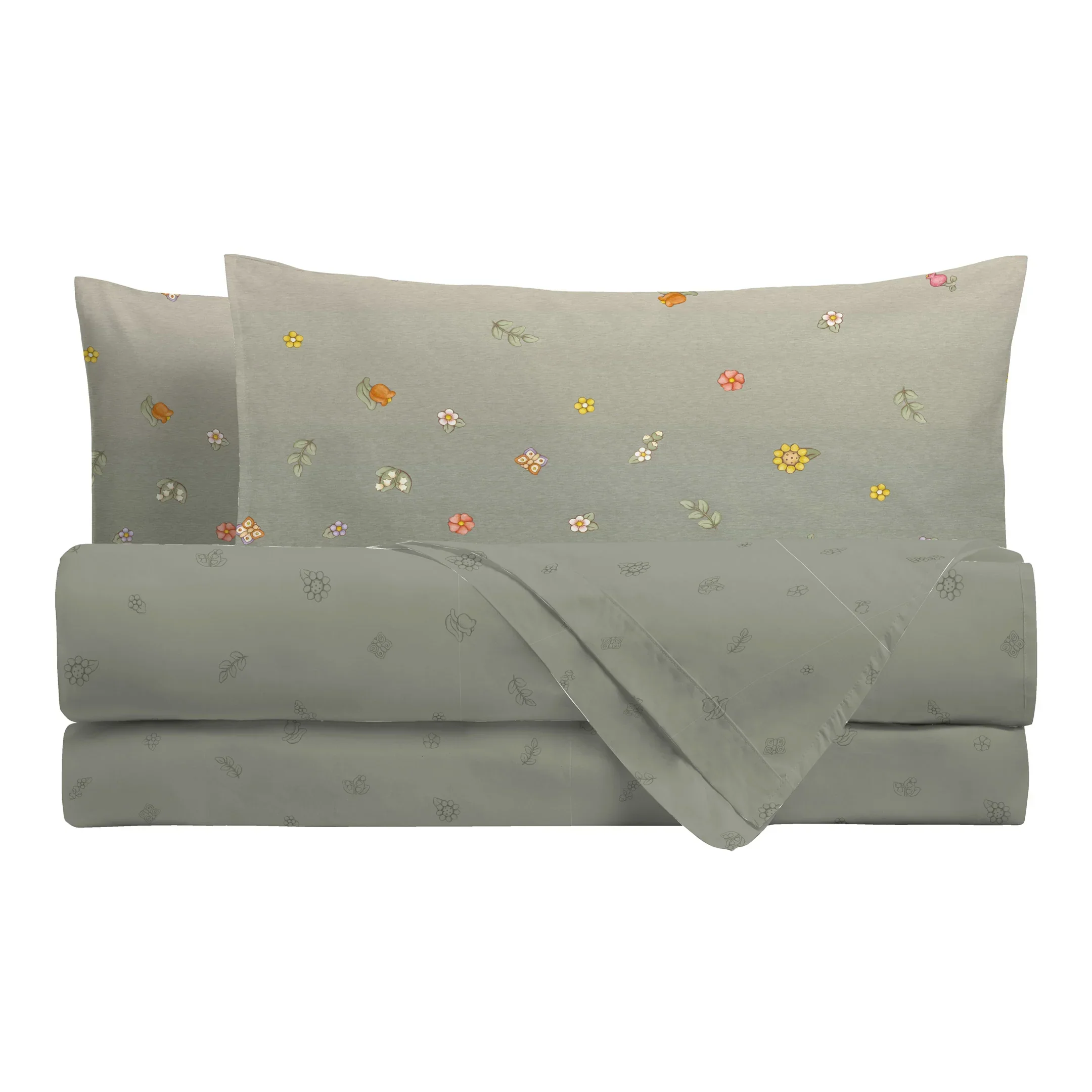 THUN® Completo Letto Singolo in Cotone Country Flowers Sage Green