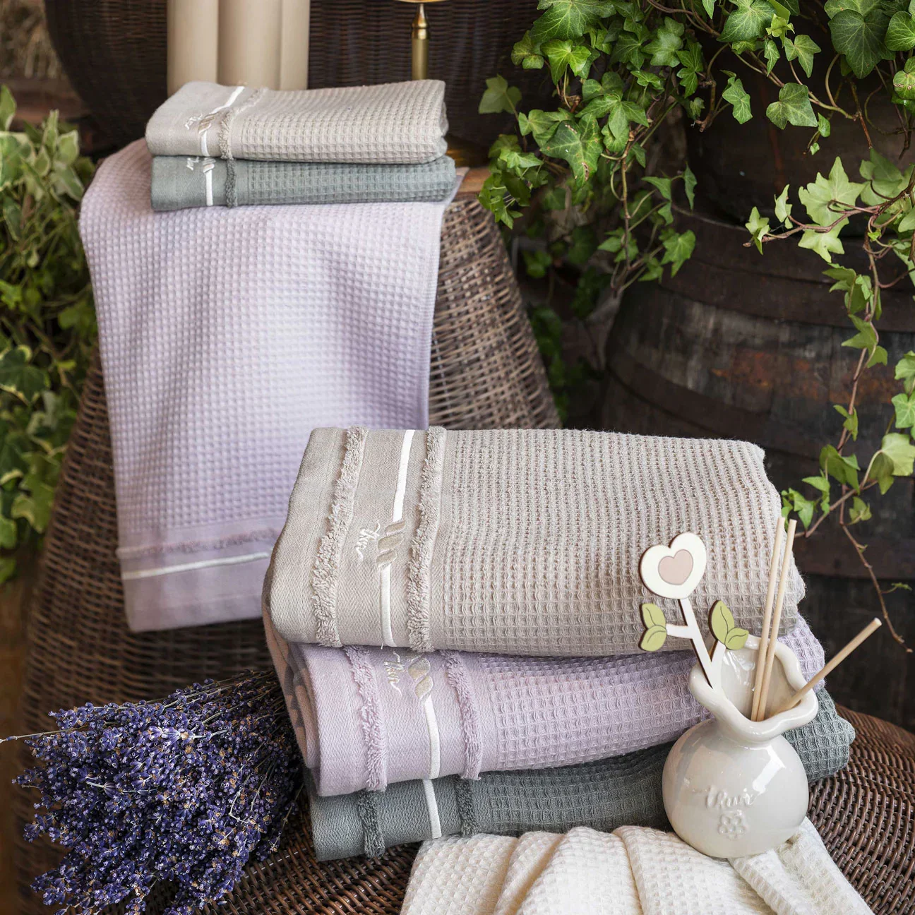 THUN® Set 2 Asciugamani Country Bloom 40x60 + 60x100 cm Tinta Unita Beige - Image 2